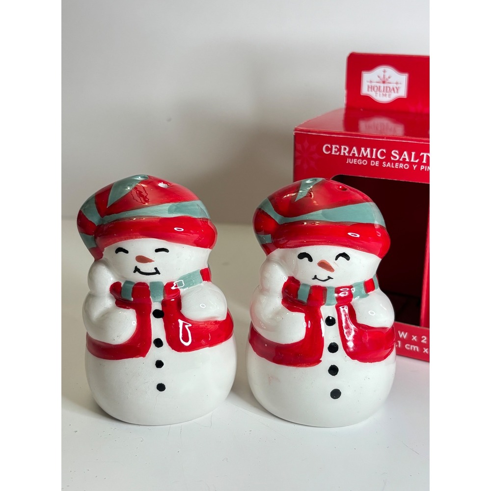 Holiday Time Ceramic Snowman Salt and Pepper Shaker Set Red Teal Winter Decor